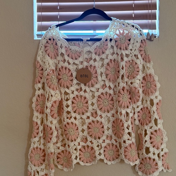 BiBi Sweaters - BiBi Cream and Pink Crochet Sweater